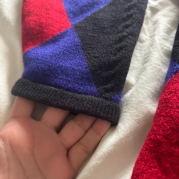 Classiques Entier Merino Wool Argyle Blue and Red Sweater Cropped Sleeves Size L - Picture 4 of 6